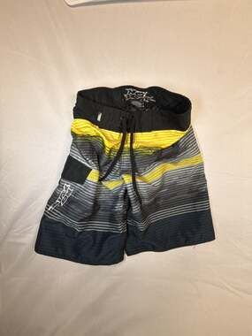 Y2K No Fear Board Shorts Size S Black Yellow Striped Swim Trunks
